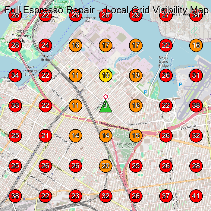 Full Espresso Repair GeoGrid visibility map for Appliance Repair Service in Long Island City